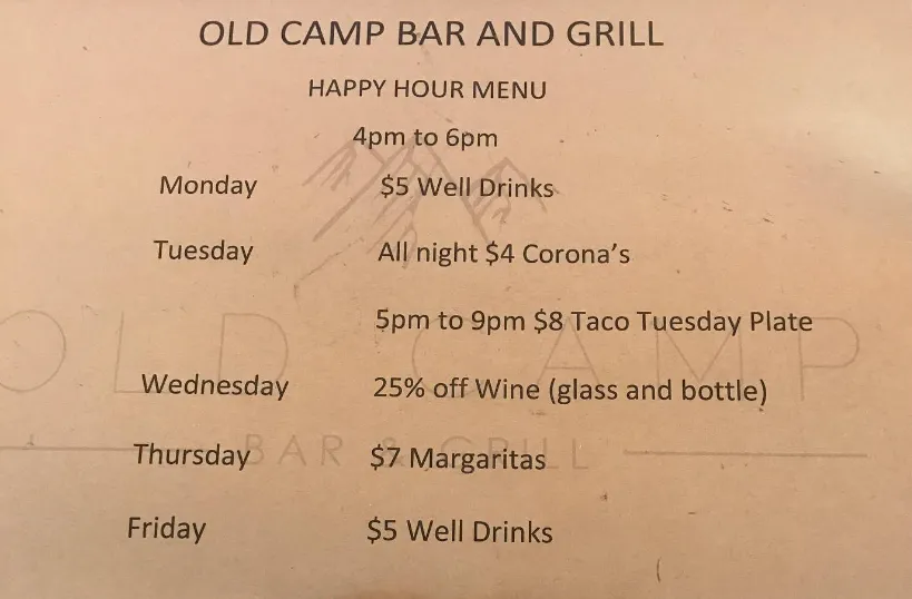 Old Camp Bar & Grill (Mission Viejo) Happy hour