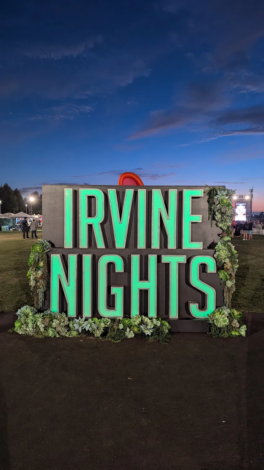 Irvine Nights illuminated logo at the enterance